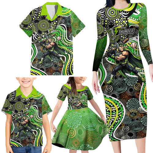 Sydney Thunder Family Matching Long Sleeve Bodycon Dress and Hawaiian Shirt Indigenous Dot Art Superhero Batter Tribal Pattern