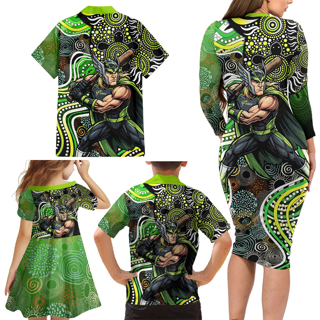 Sydney Thunder Family Matching Long Sleeve Bodycon Dress and Hawaiian Shirt Indigenous Dot Art Superhero Batter Tribal Pattern