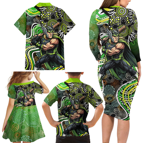Sydney Thunder Family Matching Long Sleeve Bodycon Dress and Hawaiian Shirt Indigenous Dot Art Superhero Batter Tribal Pattern