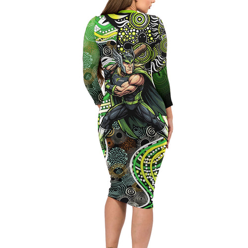 Sydney Thunder Family Matching Long Sleeve Bodycon Dress and Hawaiian Shirt Indigenous Dot Art Superhero Batter Tribal Pattern