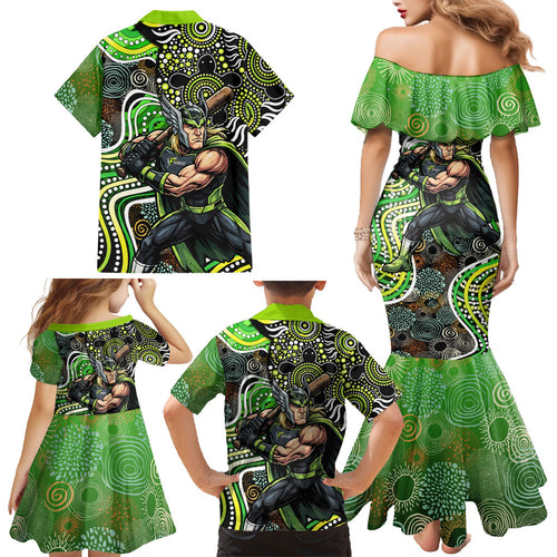 Sydney Thunder Family Matching Mermaid Dress and Hawaiian Shirt Indigenous Dot Art Superhero Batter Tribal Pattern