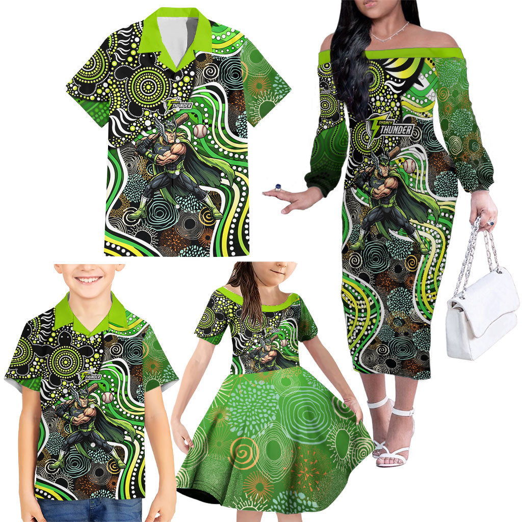 Sydney Thunder Family Matching Off The Shoulder Long Sleeve Dress and Hawaiian Shirt Indigenous Dot Art Superhero Batter Tribal Pattern