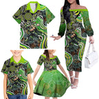 Sydney Thunder Family Matching Off The Shoulder Long Sleeve Dress and Hawaiian Shirt Indigenous Dot Art Superhero Batter Tribal Pattern