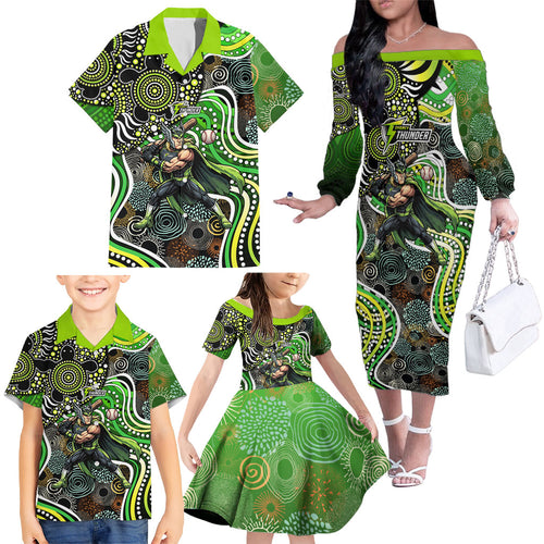 Sydney Thunder Family Matching Off The Shoulder Long Sleeve Dress and Hawaiian Shirt Indigenous Dot Art Superhero Batter Tribal Pattern