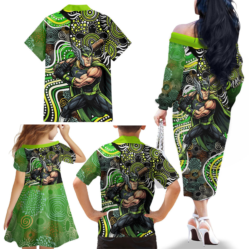 Sydney Thunder Family Matching Off The Shoulder Long Sleeve Dress and Hawaiian Shirt Indigenous Dot Art Superhero Batter Tribal Pattern
