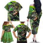 Sydney Thunder Family Matching Off The Shoulder Long Sleeve Dress and Hawaiian Shirt Indigenous Dot Art Superhero Batter Tribal Pattern