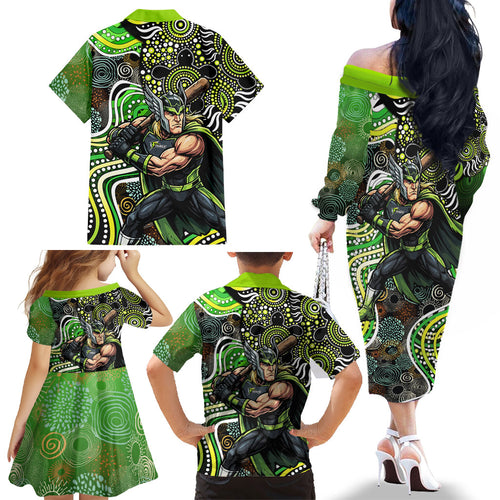 Sydney Thunder Family Matching Off The Shoulder Long Sleeve Dress and Hawaiian Shirt Indigenous Dot Art Superhero Batter Tribal Pattern