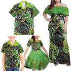 Sydney Thunder Family Matching Off Shoulder Maxi Dress and Hawaiian Shirt Indigenous Dot Art Superhero Batter Tribal Pattern