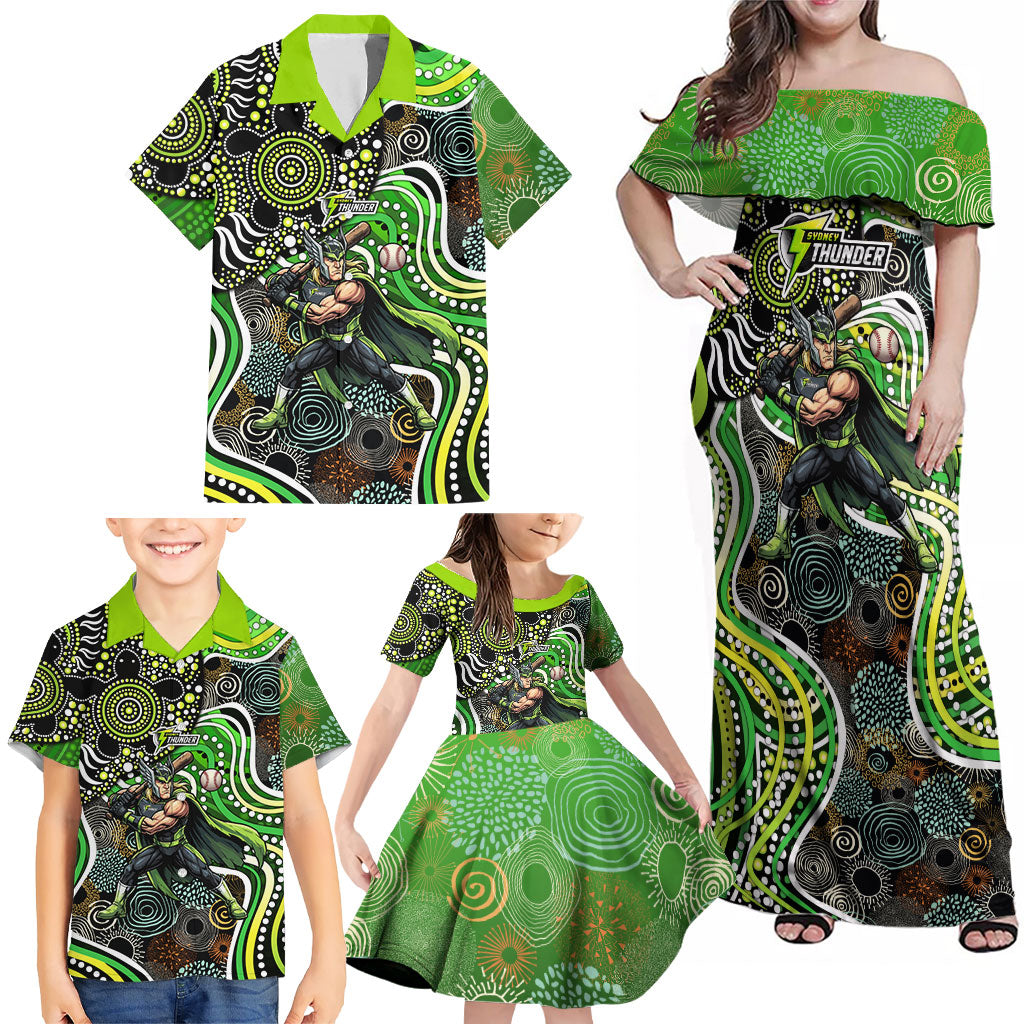 Sydney Thunder Family Matching Off Shoulder Maxi Dress and Hawaiian Shirt Indigenous Dot Art Superhero Batter Tribal Pattern