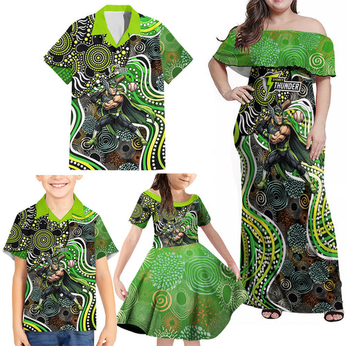 Sydney Thunder Family Matching Off Shoulder Maxi Dress and Hawaiian Shirt Indigenous Dot Art Superhero Batter Tribal Pattern