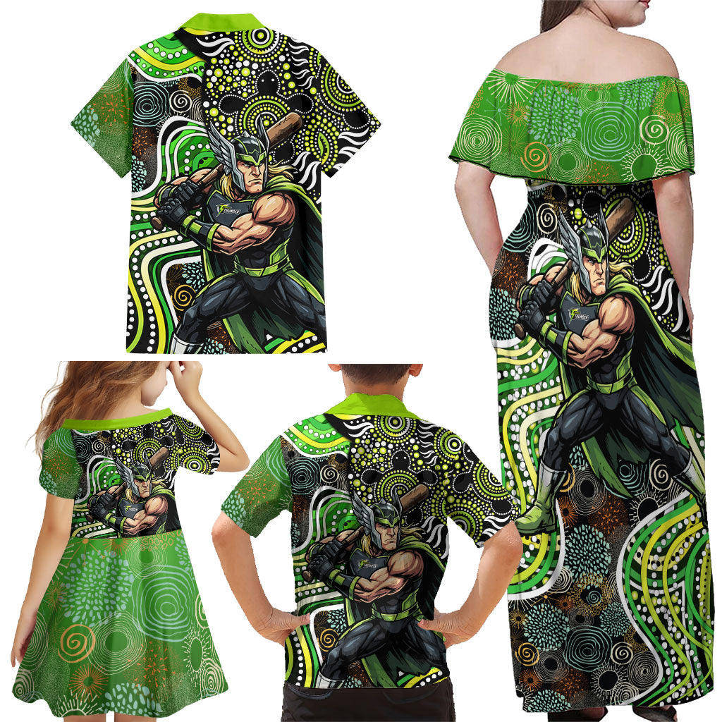 Sydney Thunder Family Matching Off Shoulder Maxi Dress and Hawaiian Shirt Indigenous Dot Art Superhero Batter Tribal Pattern