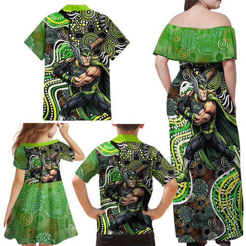 Sydney Thunder Family Matching Off Shoulder Maxi Dress and Hawaiian Shirt Indigenous Dot Art Superhero Batter Tribal Pattern