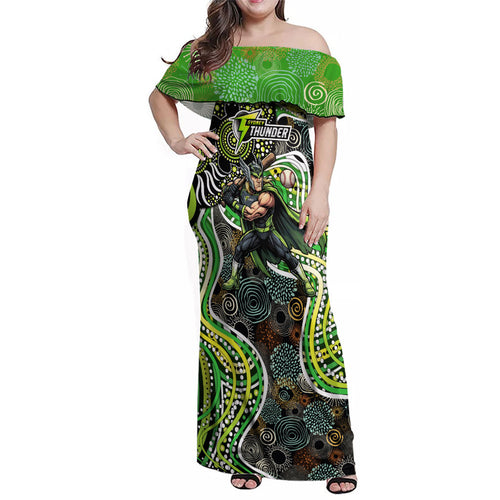 Sydney Thunder Family Matching Off Shoulder Maxi Dress and Hawaiian Shirt Indigenous Dot Art Superhero Batter Tribal Pattern