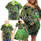 Sydney Thunder Family Matching Off Shoulder Short Dress and Hawaiian Shirt Indigenous Dot Art Superhero Batter Tribal Pattern