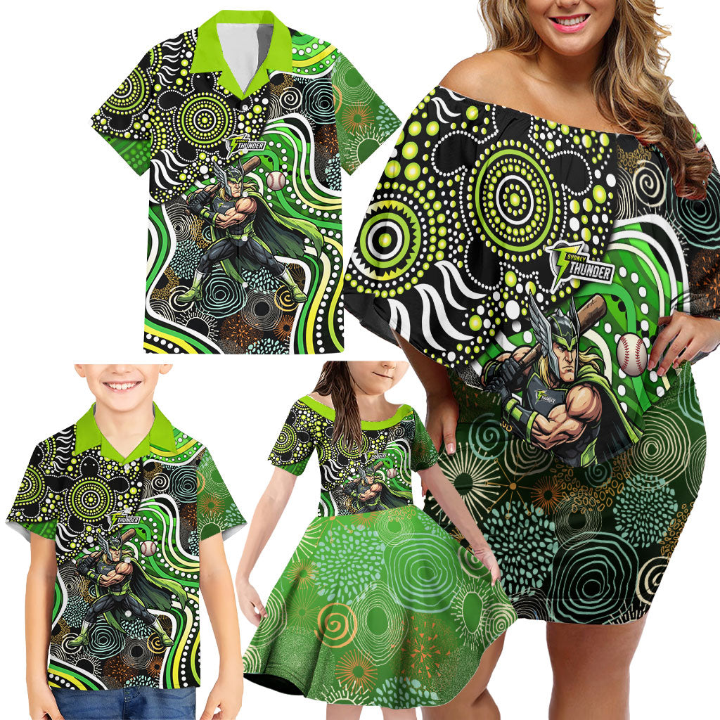 Sydney Thunder Family Matching Off Shoulder Short Dress and Hawaiian Shirt Indigenous Dot Art Superhero Batter Tribal Pattern