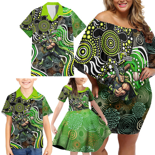 Sydney Thunder Family Matching Off Shoulder Short Dress and Hawaiian Shirt Indigenous Dot Art Superhero Batter Tribal Pattern
