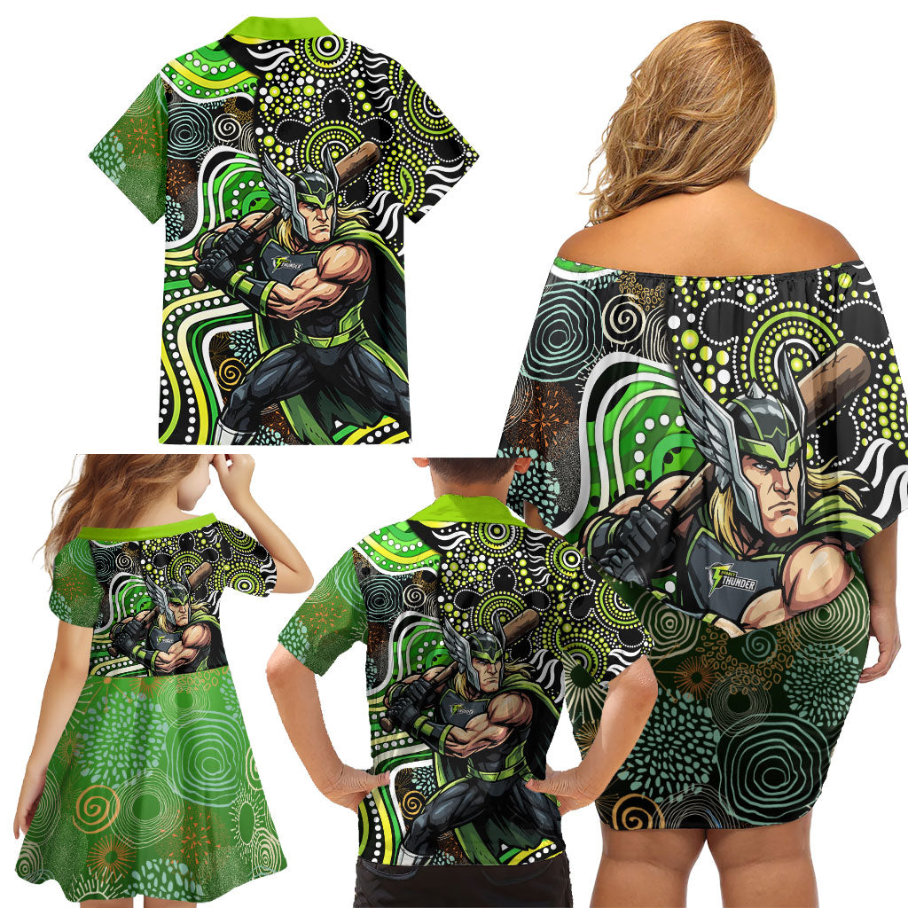 Sydney Thunder Family Matching Off Shoulder Short Dress and Hawaiian Shirt Indigenous Dot Art Superhero Batter Tribal Pattern