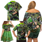 Sydney Thunder Family Matching Off Shoulder Short Dress and Hawaiian Shirt Indigenous Dot Art Superhero Batter Tribal Pattern