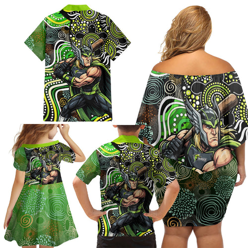 Sydney Thunder Family Matching Off Shoulder Short Dress and Hawaiian Shirt Indigenous Dot Art Superhero Batter Tribal Pattern