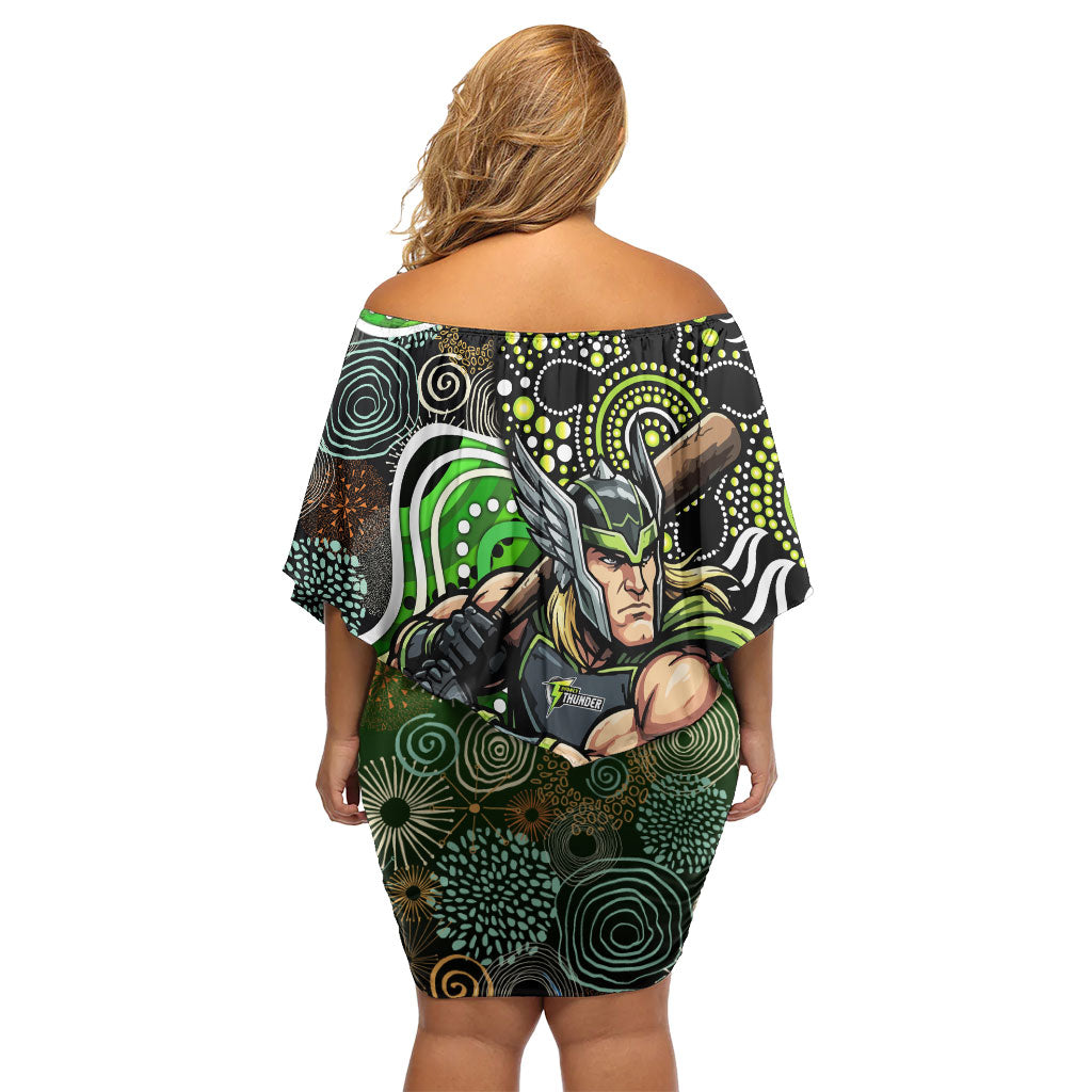 Sydney Thunder Family Matching Off Shoulder Short Dress and Hawaiian Shirt Indigenous Dot Art Superhero Batter Tribal Pattern