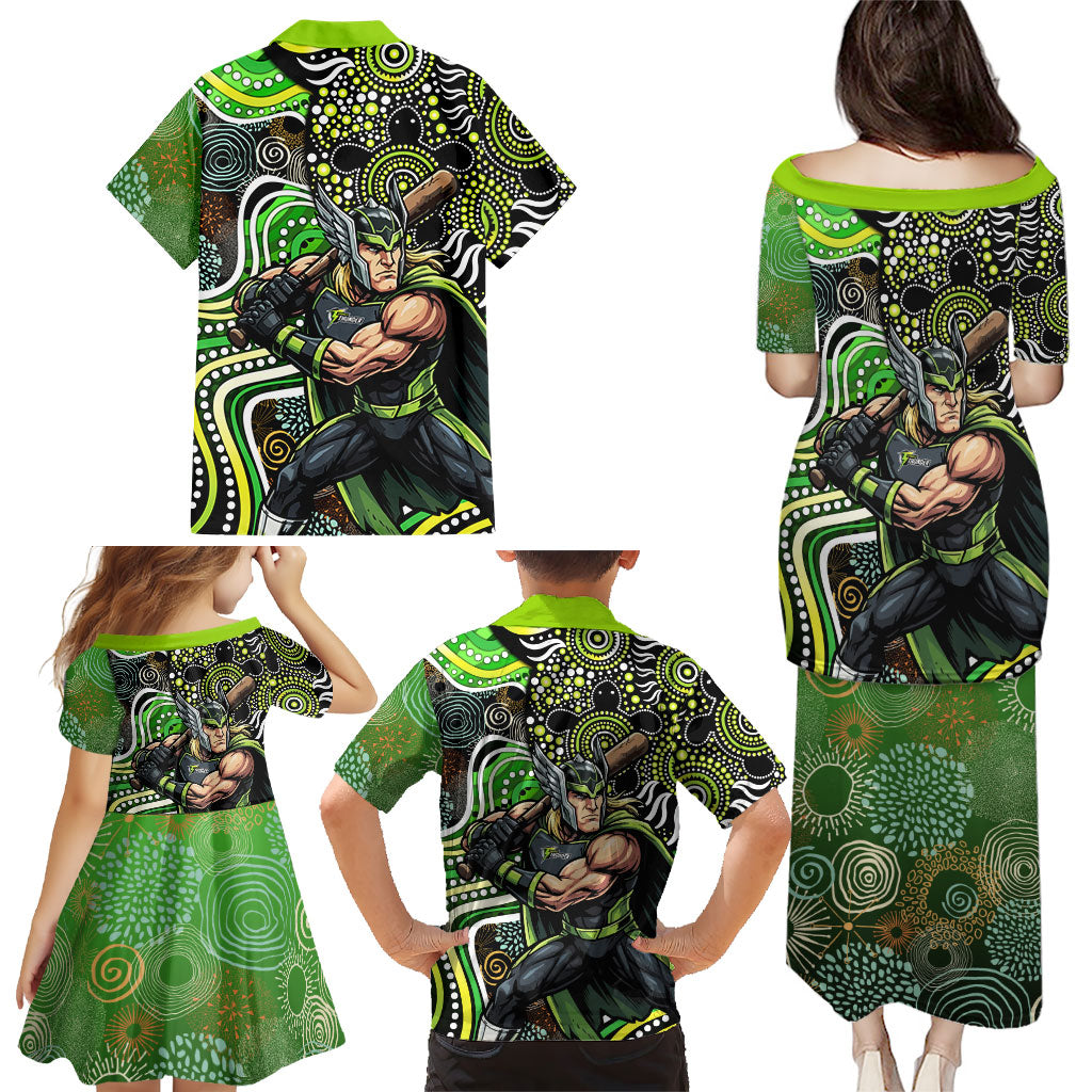 Sydney Thunder Family Matching Puletasi and Hawaiian Shirt Indigenous Dot Art Superhero Batter Tribal Pattern