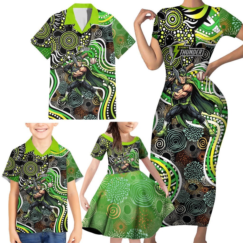 Sydney Thunder Family Matching Short Sleeve Bodycon Dress and Hawaiian Shirt Indigenous Dot Art Superhero Batter Tribal Pattern