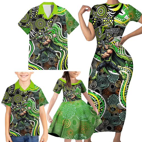 Sydney Thunder Family Matching Short Sleeve Bodycon Dress and Hawaiian Shirt Indigenous Dot Art Superhero Batter Tribal Pattern