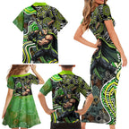 Sydney Thunder Family Matching Short Sleeve Bodycon Dress and Hawaiian Shirt Indigenous Dot Art Superhero Batter Tribal Pattern