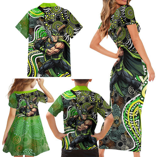 Sydney Thunder Family Matching Short Sleeve Bodycon Dress and Hawaiian Shirt Indigenous Dot Art Superhero Batter Tribal Pattern