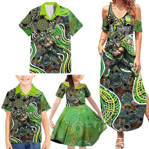Sydney Thunder Family Matching Summer Maxi Dress and Hawaiian Shirt Indigenous Dot Art Superhero Batter Tribal Pattern
