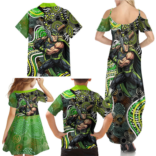 Sydney Thunder Family Matching Summer Maxi Dress and Hawaiian Shirt Indigenous Dot Art Superhero Batter Tribal Pattern