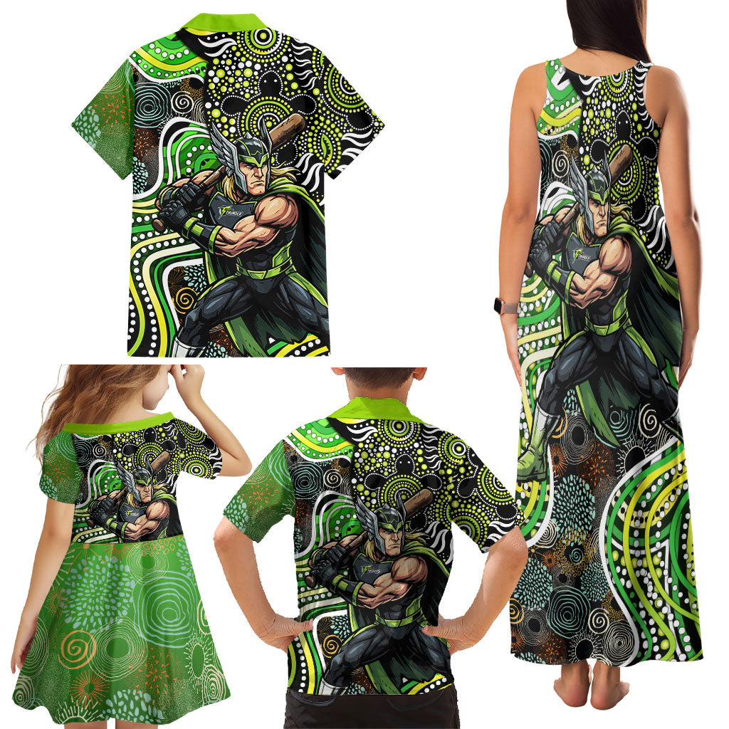 Sydney Thunder Family Matching Tank Maxi Dress and Hawaiian Shirt Indigenous Dot Art Superhero Batter Tribal Pattern