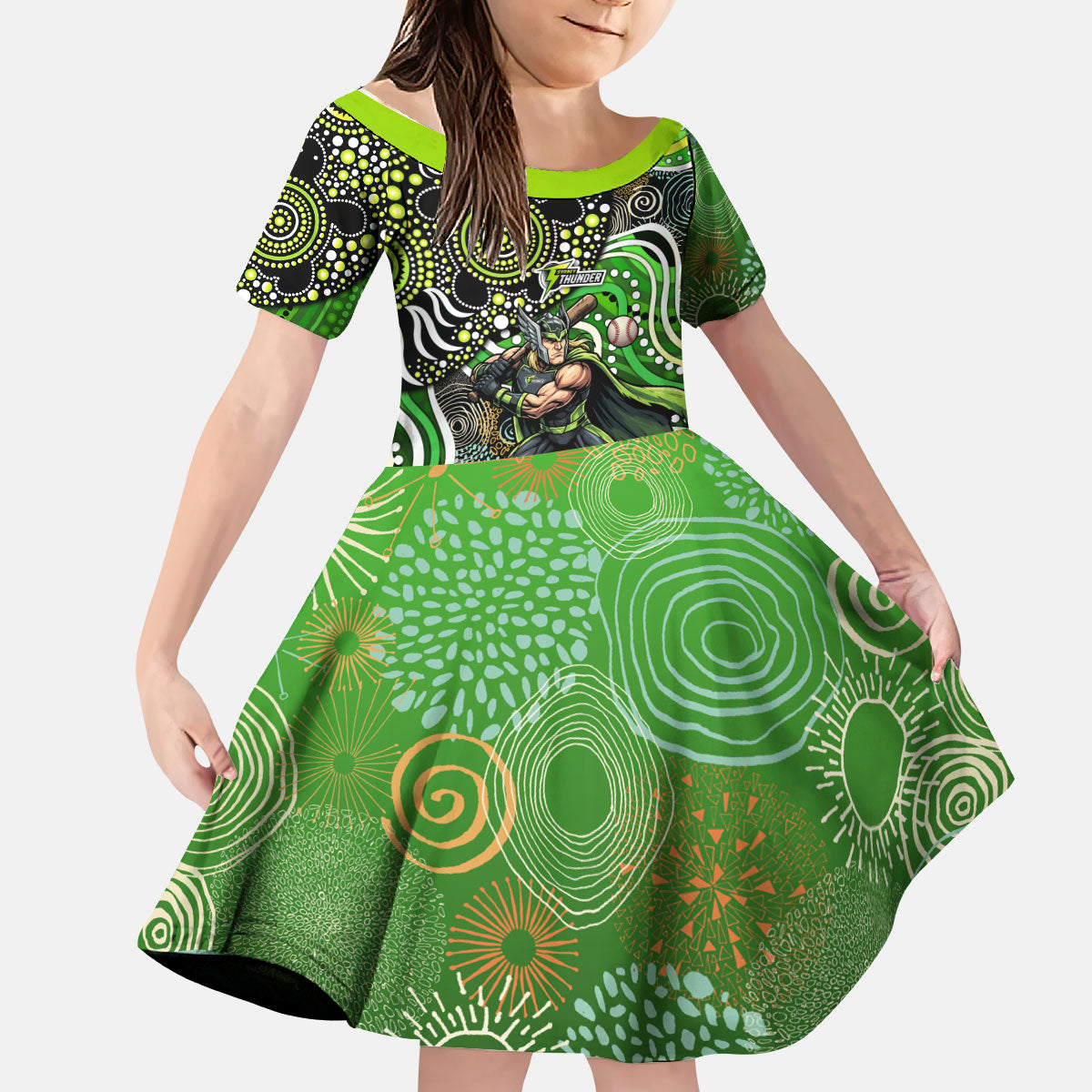 Sydney Thunder Kid Short Sleeve Dress Indigenous Dot Art Superhero Batter Tribal Pattern