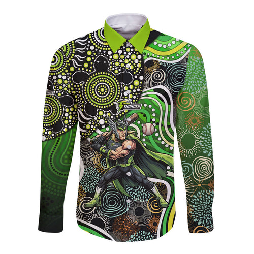 Sydney Thunder Long Sleeve Button Shirt Indigenous Dot Art Superhero Batter Tribal Pattern