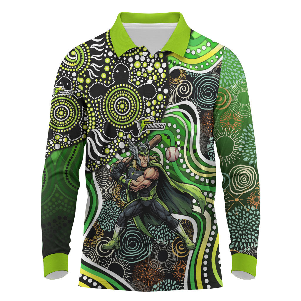 Sydney Thunder Long Sleeve Polo Shirt Indigenous Dot Art Superhero Batter Tribal Pattern