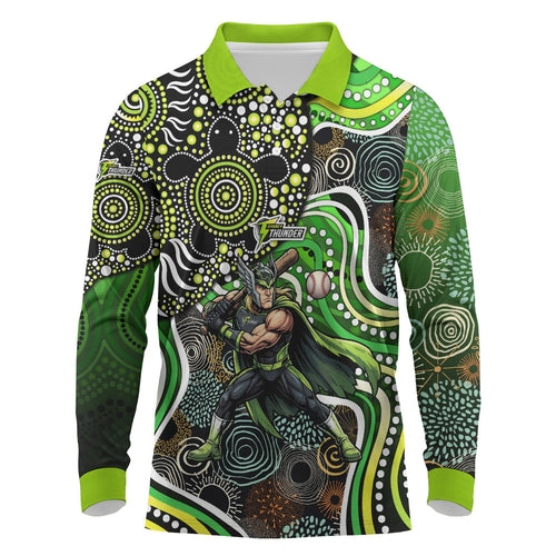 Sydney Thunder Long Sleeve Polo Shirt Indigenous Dot Art Superhero Batter Tribal Pattern