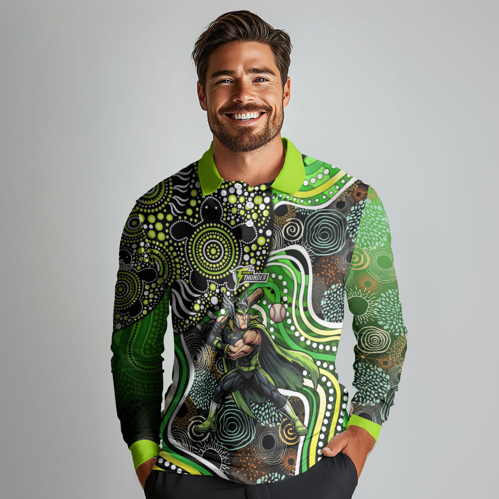 Sydney Thunder Long Sleeve Polo Shirt Indigenous Dot Art Superhero Batter Tribal Pattern