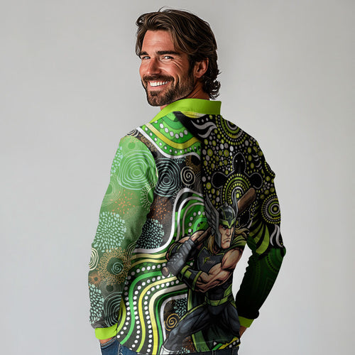 Sydney Thunder Long Sleeve Polo Shirt Indigenous Dot Art Superhero Batter Tribal Pattern