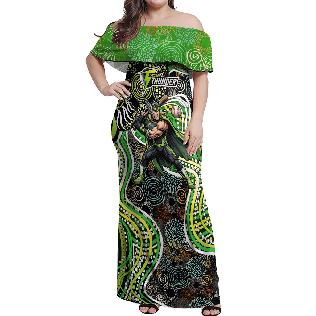 Sydney Thunder Off Shoulder Maxi Dress Indigenous Dot Art Superhero Batter Tribal Pattern