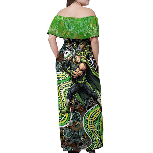 Sydney Thunder Off Shoulder Maxi Dress Indigenous Dot Art Superhero Batter Tribal Pattern