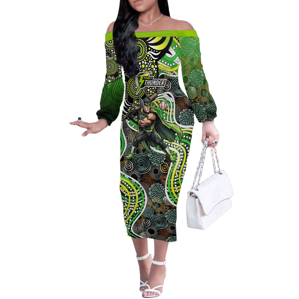Sydney Thunder Off The Shoulder Long Sleeve Dress Indigenous Dot Art Superhero Batter Tribal Pattern