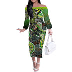 Sydney Thunder Off The Shoulder Long Sleeve Dress Indigenous Dot Art Superhero Batter Tribal Pattern