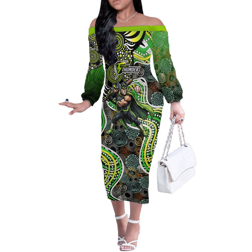 Sydney Thunder Off The Shoulder Long Sleeve Dress Indigenous Dot Art Superhero Batter Tribal Pattern