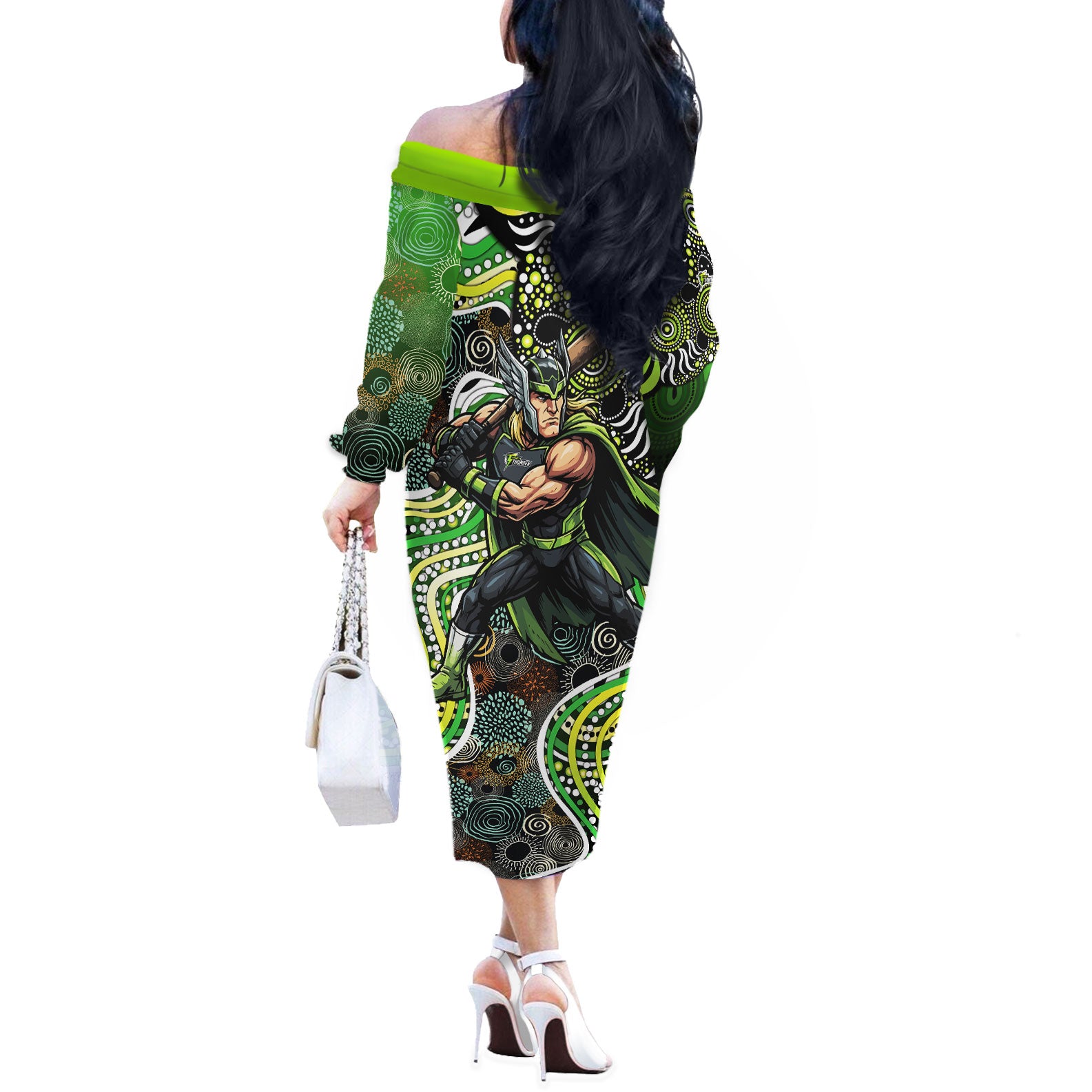 Sydney Thunder Off The Shoulder Long Sleeve Dress Indigenous Dot Art Superhero Batter Tribal Pattern