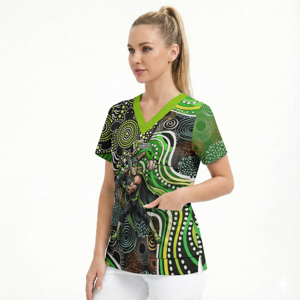 Sydney Thunder Scrub Top Indigenous Dot Art Superhero Batter Tribal Pattern