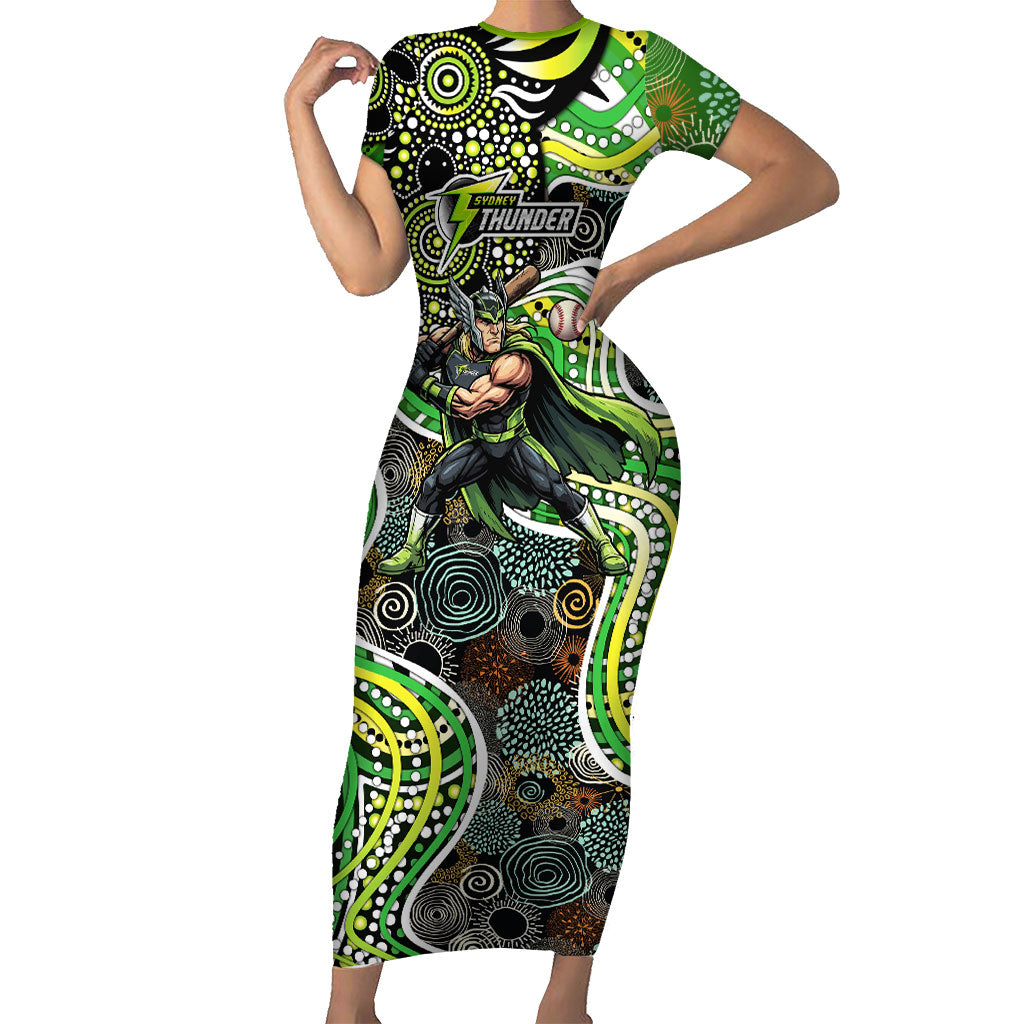 Sydney Thunder Short Sleeve Bodycon Dress Indigenous Dot Art Superhero Batter Tribal Pattern