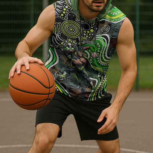 Sydney Thunder Sleeveless Hoodie Indigenous Dot Art Superhero Batter Tribal Pattern