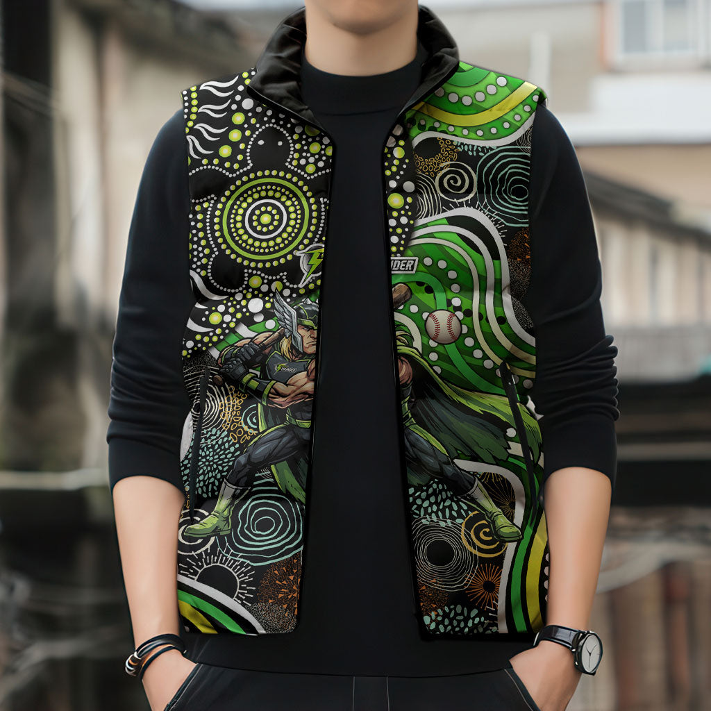 Sydney Thunder Sleeveless Puffer Jacket Indigenous Dot Art Superhero Batter Tribal Pattern