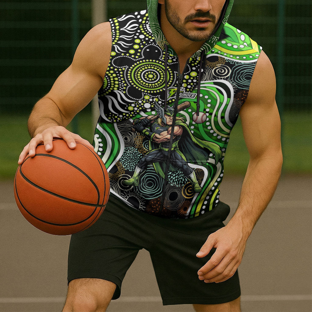 Sydney Thunder Sleeveless Zip Hoodie Indigenous Dot Art Superhero Batter Tribal Pattern