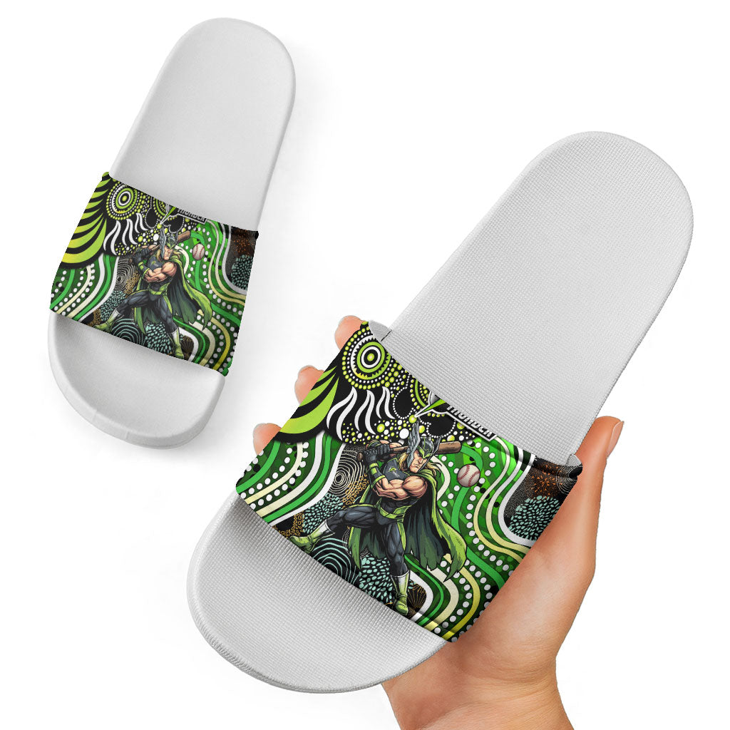 Sydney Thunder Slide Sandals Indigenous Dot Art Superhero Batter Tribal Pattern